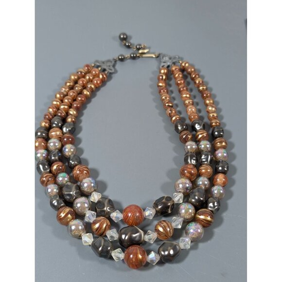 Vintage Iridescent Brown Lucited Bead Triple Strand Necklace 17" Choker - Picture 2 of 10